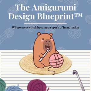 Może przedstawiać: Ilustracja z tekstem "Learn the Basics" i "The Amigurumi Design Blueprint". Kreskówkowy miś szydełkuje różową kulkę wełny. Niebieskie i białe tło z kolorowymi kulkami wełny.