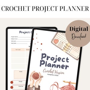 May include: Digital crochet project planner with a watercolour design. The planner features a Project Planner title, a cup of coffee, and crochet hooks. The text "Crochet Project Planner" is at the top. The digital download is available.