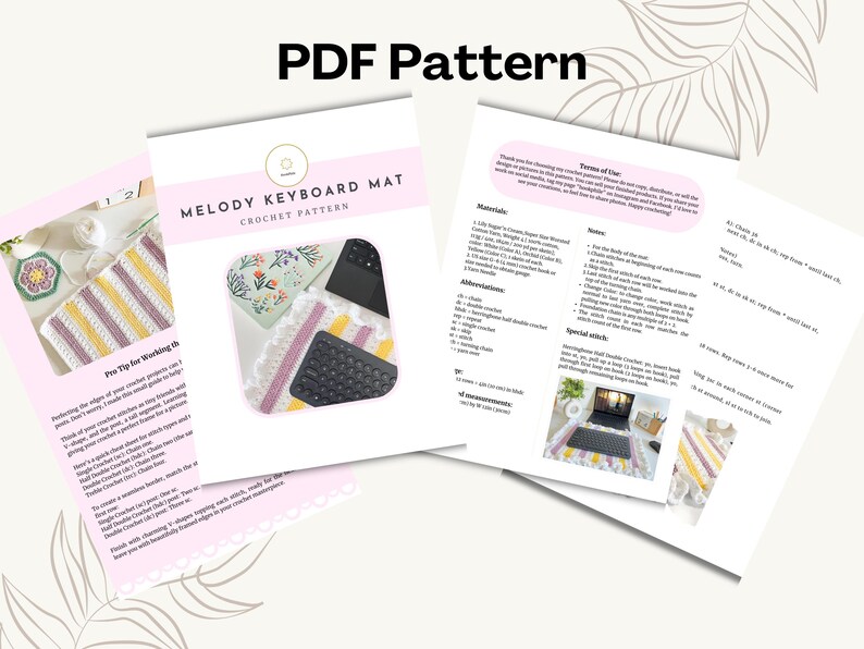 May include: A crochet pattern for a keyboard mat called "Melody Keyboard Mat". The pattern includes instructions for making a colorful striped mat with a floral design. The pattern is available as a PDF download.