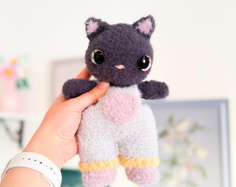 Crochet Cat Pattern: Lumi Valentine Cat with Heart Overalls (PDF Tutorial)