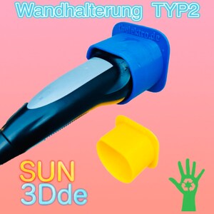 May include: A blue and yellow 3D printed wall mount for an electric vehicle charging cable. The wall mount is designed to protect the charging cable from damage. The text "thelektra.de" is printed on the blue wall mount. The text "SUN 3Dde" is printed on the image.