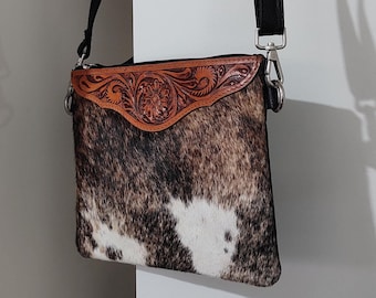 Cowhide Hairon sling bag, Cowhide tooled crossbody bag, Hairon tooled messenger small bag, Small cowhide leather bag