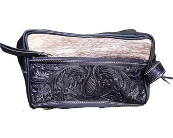 Hand Tooled Cowhide Leather Toiletry Kit, Leather Dopp Kit, Leather Toiletry Kit, Gifts For Her, Gifts For Him