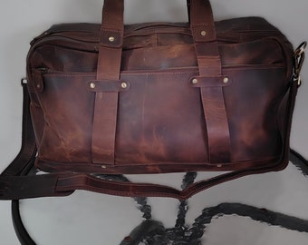 Vintage leren plunjezak, stevige leren plunjezak, weekendtas, echte leren weekendtas, rustieke leren plunjezak, koeienhuid