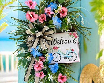 Handcrafted Grapevine Wreath: Blue Bicycle Welcome Sign, Pink Blue Florals, Summer Door Decor