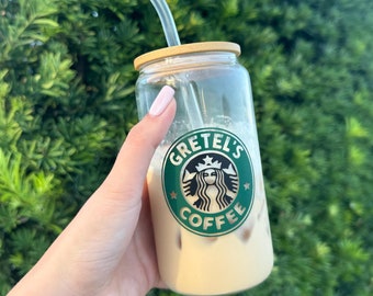 Personalized Starbucks Iced Coffee Glass Cup: Custom 16oz with Wooden Lid, Christmas Gift Ideas