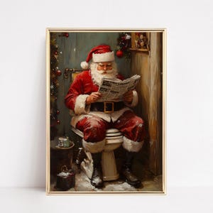 Santa on Toilet Poster, Funny Christmas Restroom Decor, Holiday Bathroom Print, Digital Download, Jolly Xmas Art, Humorous Toilet Art
