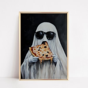 Impresión genial de fantasma comiendo pizza, arte mural de Halloween espeluznante, decoración divertida para cafeterías, ilustración de Dark Academia, arte de Halloween para bares, descarga digital
