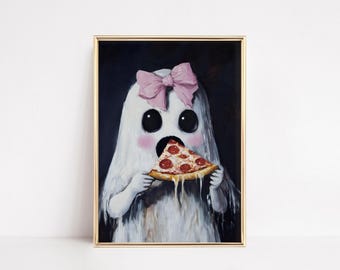 Cute Ghost Eating Pizza Art Print, Girly Halloween Decor (Digital Download)