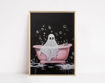 Spooky Ghost in Pink Bathtub Print – Halloween Bathroom Art (Digital Download)