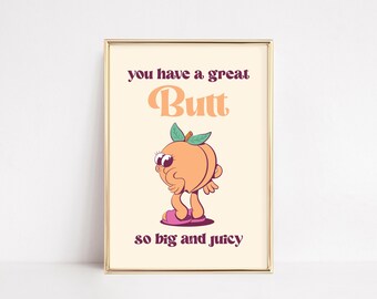 Funny Bathroom Art Print, Retro Peach Butt Decor (Digital Download)