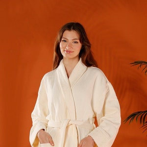 Organic Cotton Waffle Bathrobe: Cream Unisex Robe with Pockets