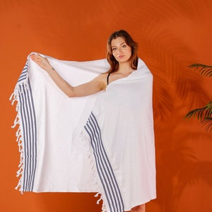 Hand-Woven Organic Cotton Beach Towel: White with Blue Stripes