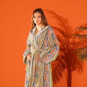 Boho Cotton Hooded Bathrobe: Colorful Striped Spa Loungewear