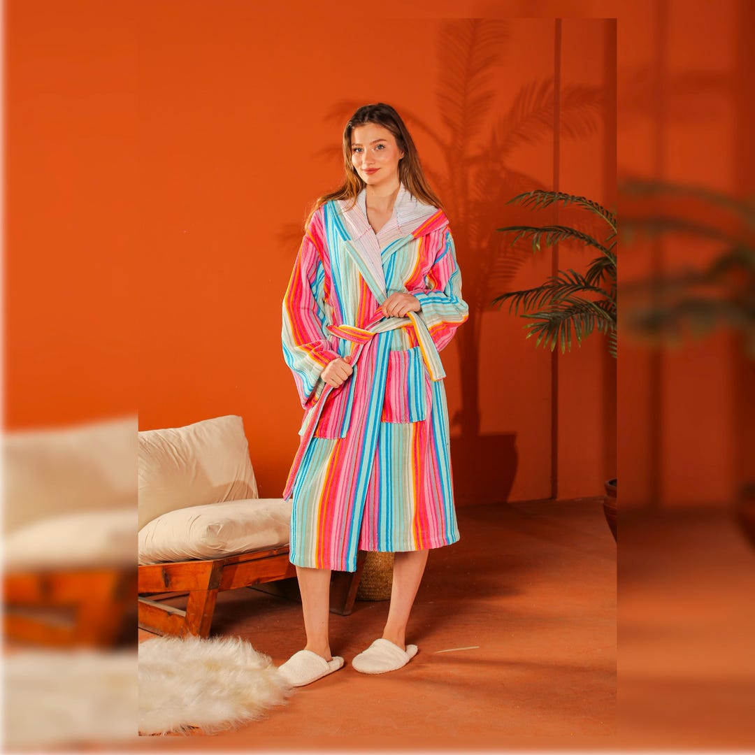 Rainbow Rbe Rainbow Striped Cotton Bathrobe: Hooded Spa Robe With Pockets - Etsy