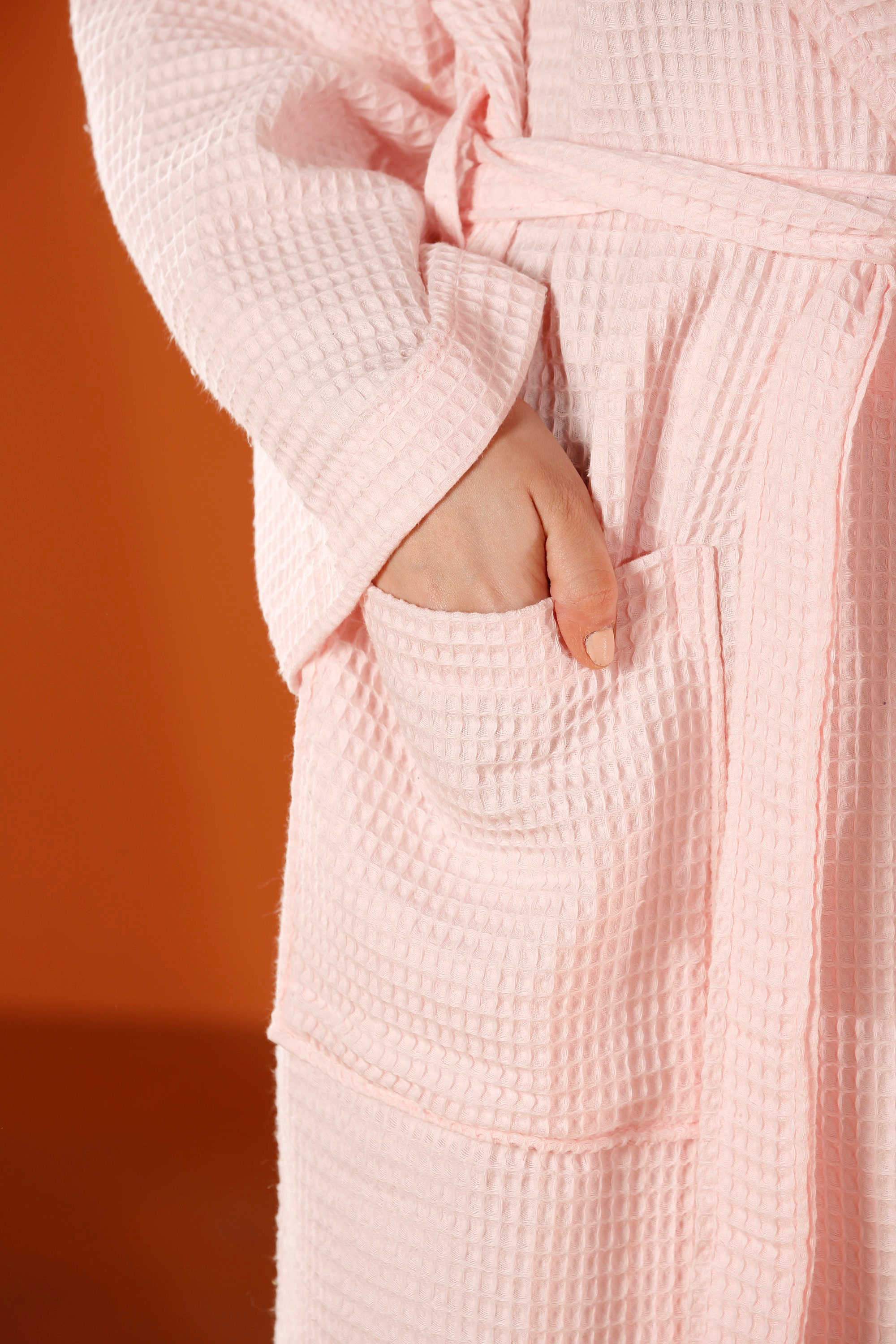 Organic Cotton Waffle Bathrobe: Pink Long Dressing Gown with Pockets