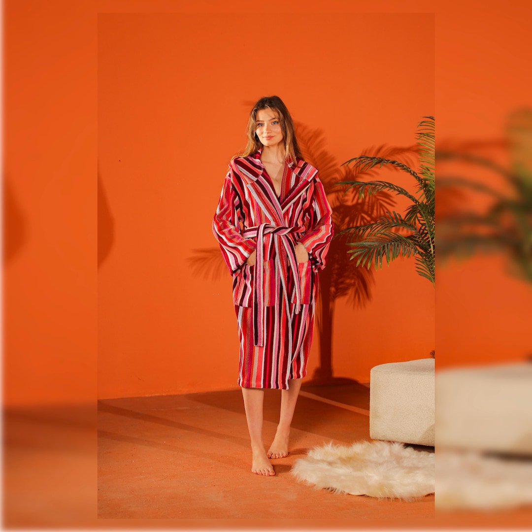 Red Striped Robe Striped Cotton Hooded Robe: Vibrant Red Loungewear - Etsy