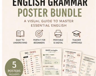 English Grammar Posters Bundle | Learn English Fast | Printable ESL Charts | English for Beginners | Pósters de Inglés PDF | Instant Downloa