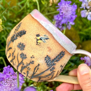 Beautiful Bee cup, Stoneware cup, Hand painted cup, Bee mug