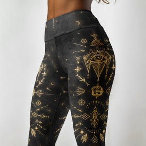 GOLDEN GODDESS | Yoga Leggings, Tribal Print Leggings, Light Language Codes, Graphic Patterned Leggings, Black & Gold, Spiritual Clothing