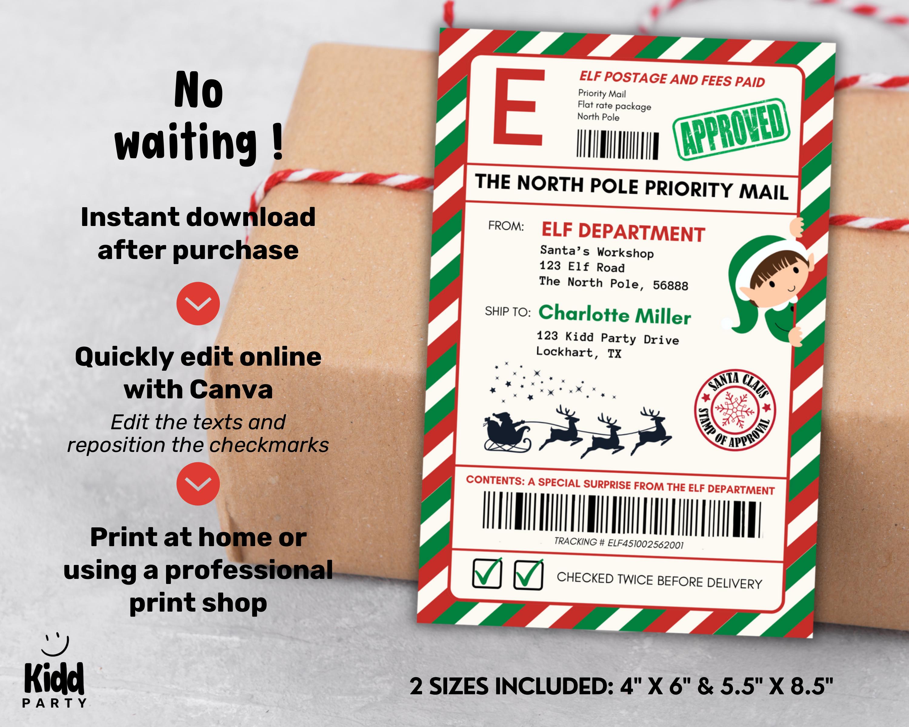 Sl3 Sticker Editable Elf Mail Shipping Label, Printable North Pole Delivery Tag ...