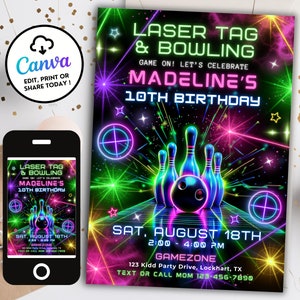 Lasergame bowlen verjaardagsuitnodiging, meisje lasergame uitnodigen, neon bowlingfeest, arcade verjaardag, gaming party, gloed, digitale download LT12