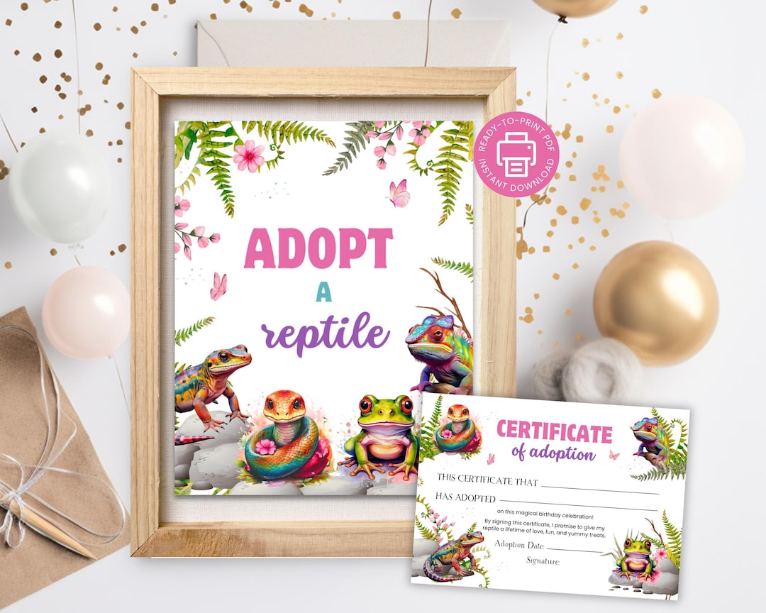 Reptile Rescue Form Adopt a Reptile Sign and Adoption Certificate, Pink Girl Reptile ...