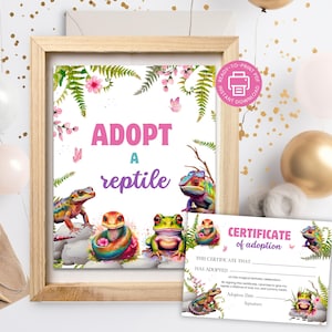 Adopt a Reptile Sign and Adoption Certificate, Pink Girl Reptile Birthday Party, Printable Decor RB6
