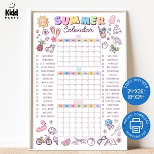 Summer Calendar Poster, Fun Activities Checklist, Printable Large 2025 Summer Calendar Bucket List for Kids PDF Instant Digital Download SC4