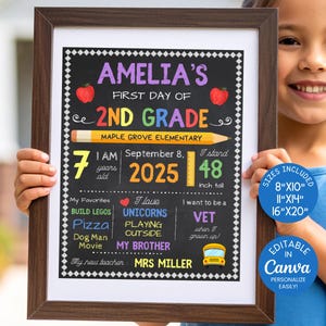 Reusable Chalkboard First Day of School Sign, Editable Back to School Printable, School Photo Prop, Any Grade, 2nd grade, Canva Template SS3