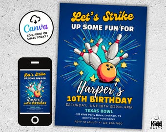 Editable Bowling Birthday Invitation, Kid Bowling Invitation, Retro Bowling Party,  Bowling Invite Boy, Comic Style, Strike Up Some Fun BP4