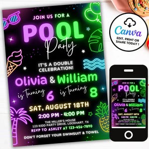 Invito per festa in piscina con doppio compleanno al neon per ragazzo e ragazza, invito per festa in piscina che si illumina al buio, festa estiva tra fratelli PP14