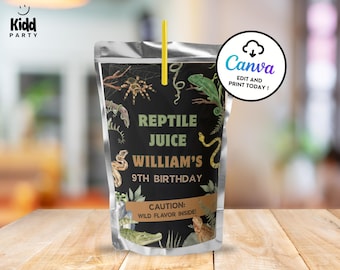 Etiqueta para bolsa de jugo de cumpleaños de reptil, etiqueta para bolsa de jugo de fiesta de reptil, regalo de fiesta de reptil, cumpleaños de serpiente imprimible y editable Canva RB3