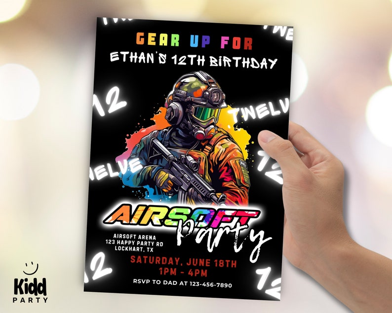Editable Airsoft Party Invitation Colorful Flyer Airsoft Game Ammo and