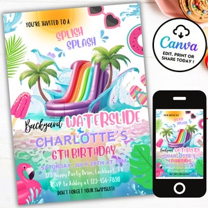 Faire-part d'anniversaire toboggan aquatique, toboggan aquatique pour fille, invitation à une fête d'été à la piscine modifiable, anniversaire splash, toboggan aquatique, Canva WP4