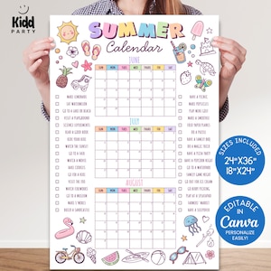 Bearbeitbares Sommerkalenderposter, Checkliste für Sommeraktivitäten, druckbarer großer Sommerkalender 2025, Sommerbucketliste Canva Download SC4