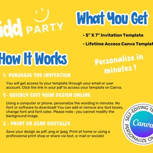 Peut inclure: Mod&egrave;le de faire-part num&eacute;rique jaune avec le texte "Kidd Party". L'image comprend des instructions sur la fa&ccedil;on d'acheter, de modifier et d'imprimer l'invitation. Le mod&egrave;le est de 12,7 cm x 17,8 cm et est un mod&egrave;le Canva.