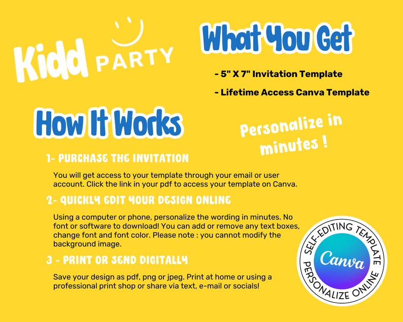 Peut inclure: Mod&egrave;le de faire-part num&eacute;rique jaune avec le texte "Kidd Party". L'image comprend des instructions sur la fa&ccedil;on d'acheter, de modifier et d'imprimer l'invitation. Le mod&egrave;le est de 12,7 cm x 17,8 cm et est un mod&egrave;le Canva.