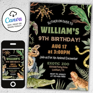 Faire-part d'anniversaire reptile, thème de la fête, invitation à un spectacle de reptiles, anniversaire rencontre d'animaux, anniversaire de zoo Evite, toile de serpent RB3