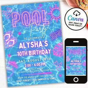 Neon Pool Party Birthday Invitation, Pink Summer Pool Party, Tropical Birthday Evite, Glow Pool Party Invitation, Girl Pool Birthday PP6