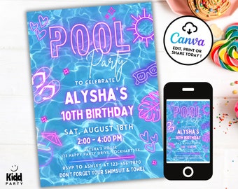 May include: A blue and pink pool party invitation with neon text that says "Pool Party" to celebrate Alysha's 10th birthday. The invitation includes details about the date, time, and location of the party. It also includes a reminder to bring a swimsuit and towel.