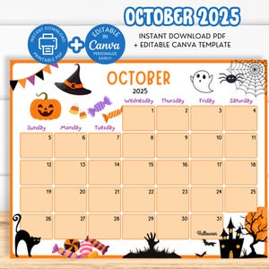 Editable October 2025 Calendar, Kids School Calendar, Printable October 2025 Planner, Monthly Kid Calendar, Classroom Calendar Canva SY4