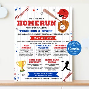 May include: A baseball-themed poster with the text "We Sure Hit a Home Run" and details for Sunnydale Elementary School Appreciation Week, May 4-8, 2026. Features baseball equipment graphics and event schedules.