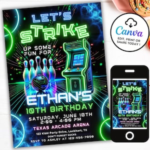 Editable Arcade Bowling Birthday Invitation, Glow Arcade Invitation, Neon Bowling Party Boy Birthday Theme, Gaming Invite Digital Evite BP18