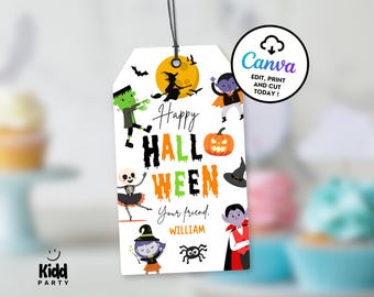 May include: A white Halloween gift tag featuring cartoon characters including a witch, Frankenstein's monster, and a vampire. The tag says "Happy Halloween" and "Your friend, William."