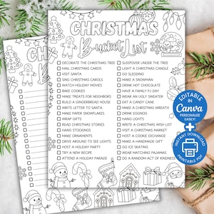 Op de afbeelding: Twee zwart-witte kerstbucketlist-afdrukken met feestelijke illustraties en selectievakjes. De lijsten bevatten vakantieactiviteiten zoals het versieren van een boom en het maken van een sneeuwpop. De afbeelding bevat ook ingepakte cadeaus en groen.