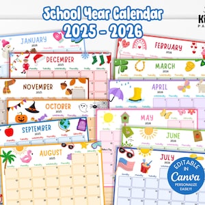 Op de afbeelding: Een verzameling kleurrijke schooljaarkalenders voor 2025-2026, elk met een andere maand met thematische illustraties. De kalenders zijn ontworpen met een aanpasbare Canva-sjabloon, met seizoensgebonden afbeeldingen en tekst.