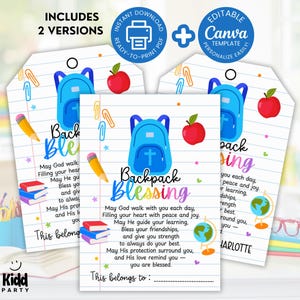 Backpack Blessing Tags, Preschool Backpack Tag, Back to School Gift Tag, First Day of School Prayer Tag, Prayer Card, Editable Canva PC9