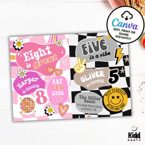 May include: A two-sided birthday party invitation with a pink and black checkered design. One side reads "Eight is great" and the other says "Five is a vibe." Includes party details and a Canva logo.