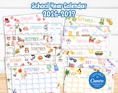 26-27 School Year Calendar, Printable Kid Monthly Planner, Teacher, Student, Homeschool, Editable Canva SY8